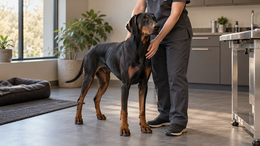 AI-generated illustration: a Doberman during a calm veterinary consultation