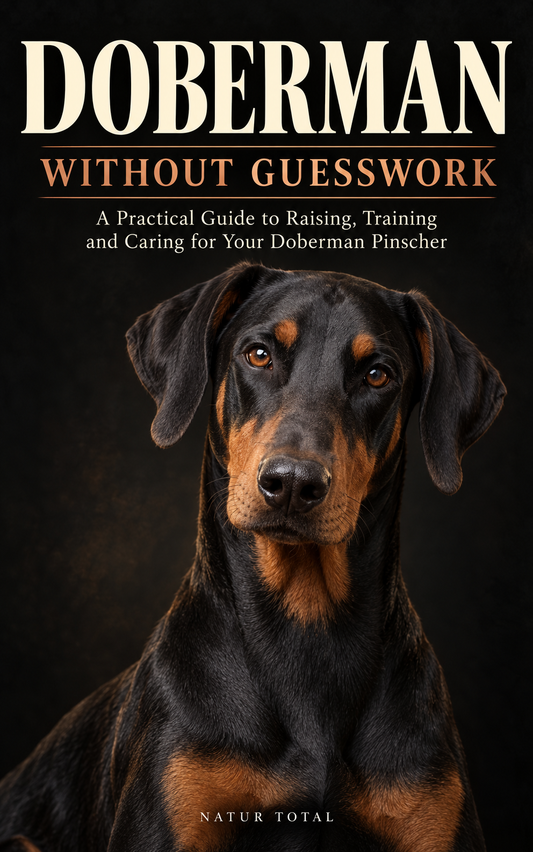 Doberman Without Guesswork — English e-book cover featuring a natural-eared black and rust Doberman